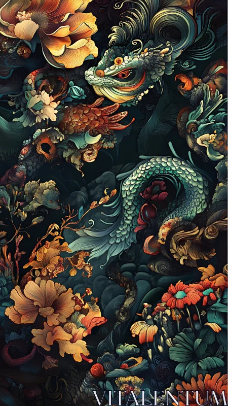 Hybrid dragon form and dense florals in vertical layout.