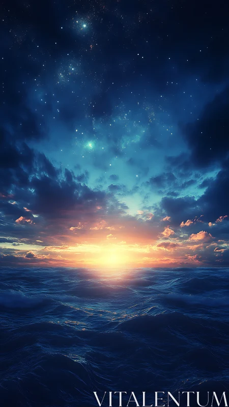 Gentle ocean sunrise under a dreamy, starry twilight sky.