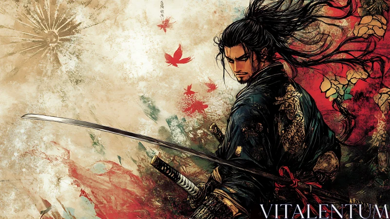 Samurai warrior stands with drawn katana amid red leaves