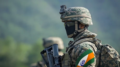 Indian soldier in modern combat gear holding rifle outdoors.