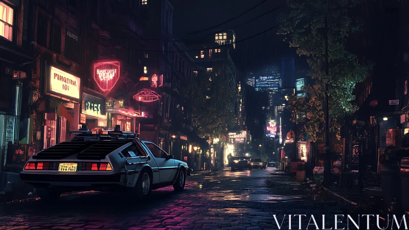 DeLorean time machine on neon-soaked rain street, retro-futurist city.