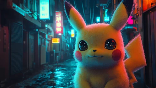 Furry yellow creature stands in neon alley at night