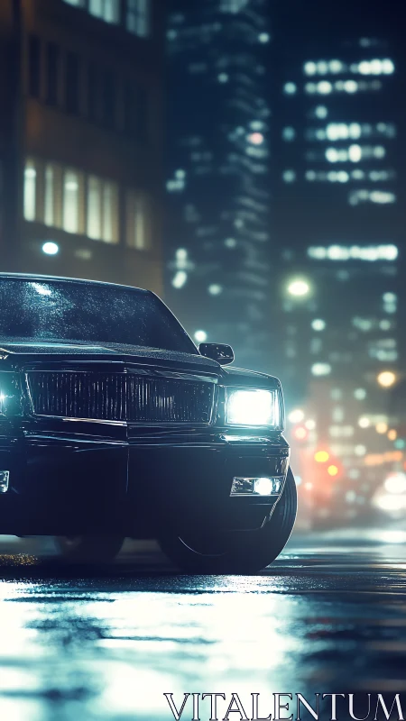 Low-angle sedan captures headlight glare on rain-slick city street