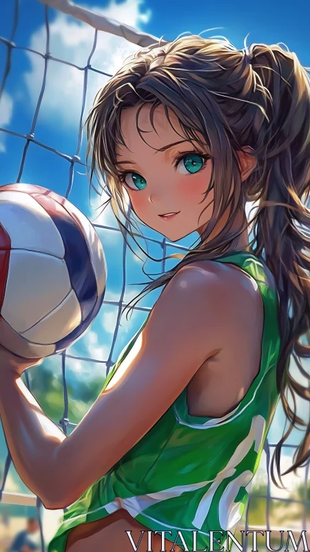 Volleyball player in green jersey near net under blue sky.