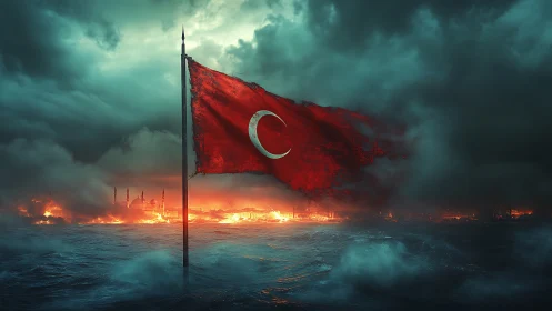 Storm-lashed Turkish flag blazing above a burning shore.