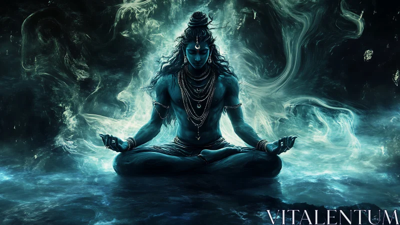 Mystic blue deity meditates within swirling cosmic energy