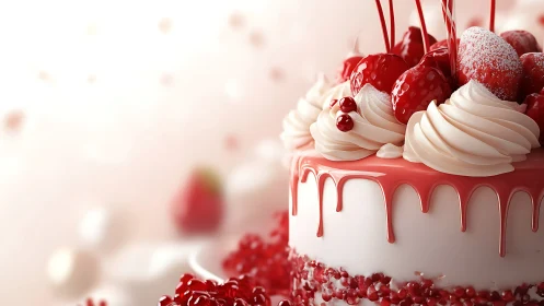 Luxury Dessert Cake with Red Drip and Fresh Berries