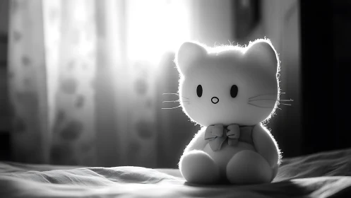 Plush cat toy on bed in backlit black and white scene.