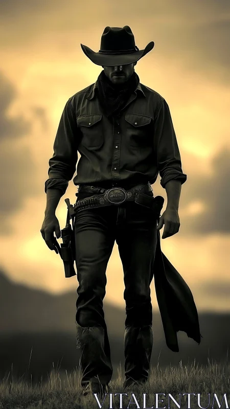 Lone cowboy strides through golden dusk plains in silence.