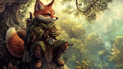 Fox adventurer scout resting above lush fantasy forest.