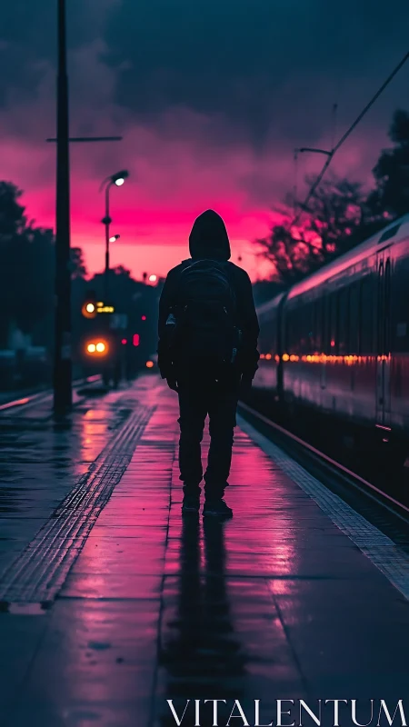 Lone hooded traveler stalks neon dusk along rainy tracks.