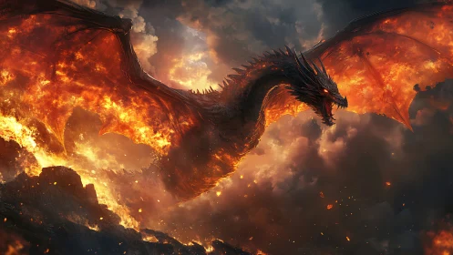 Infernal dragon engulfs stormy sky in molten wildfire fury.