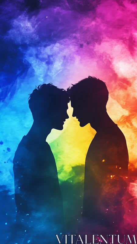 Silhouetted Couple Kissing Against Vibrant Rainbow Smoke.