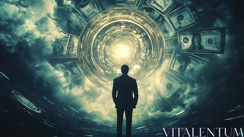 Backlit executive studies luminous data vortex framed by cash spiral