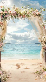 Floral beach wedding arch frames turquoise horizon with diffused light