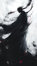 Monochrome wraith silhouette with glowing eyes and blood accents