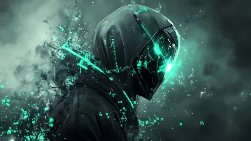 Cyberpunk hooded figure dissolves into neon data storm