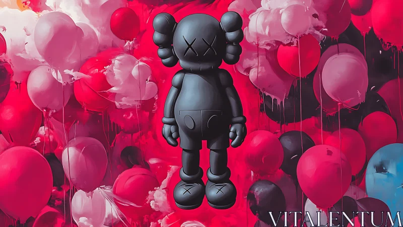 Black vinyl figure amid red and pink painted balloons.