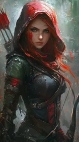 Scarlet hooded huntress in rain-soaked forest gloom.