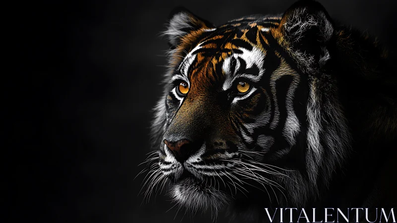 Gazing tiger portrait in dramatic low key lighting profile.