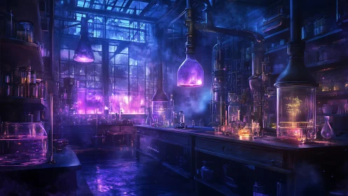 Glowing arcane laboratory bathed in dreamy violet light.