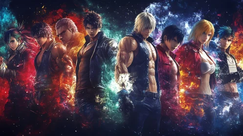 Lineup of stylized fighters stands before abstract energy fields