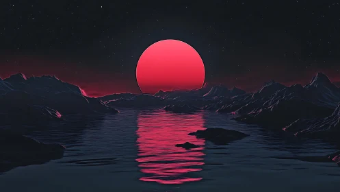 Neon horizon seascape with crimson sun and dark ridgelines.