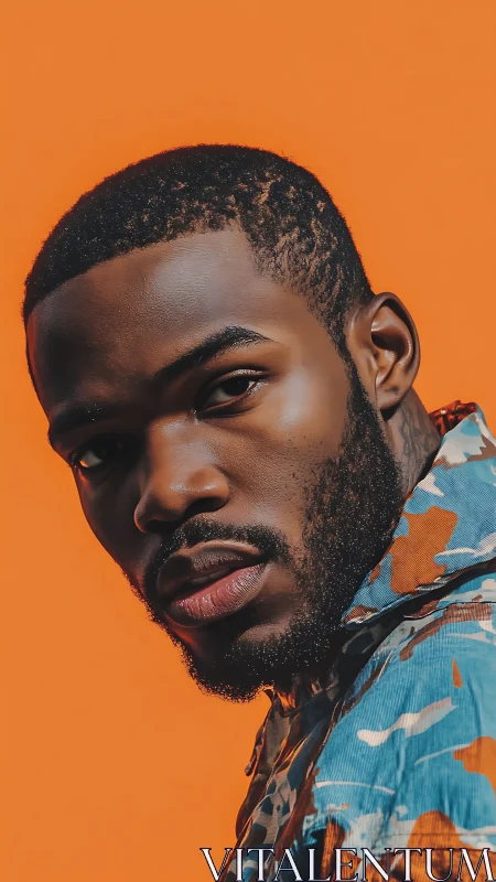 Bold gaze against vibrant orange with cool patterned jacket.