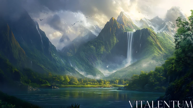 Sunlit waterfall valley wrapped in misty emerald peaks.