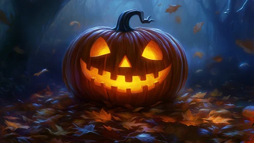 Glowing jack o lantern in dark forest with autumn leaves.