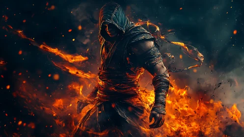 Hooded fire warrior strides through swirling embers and ash.