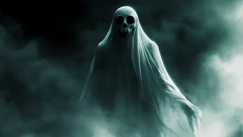 Spectral wraith entity in dense teal atmospheric fog field.