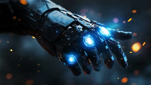 Futuristic armored cybernetic hand emits blue energy light