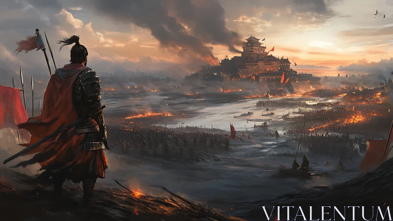 Armored warlord surveys burning fortress at dusk.