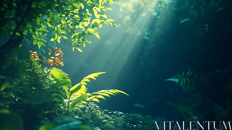 Sunlit jungle clearing with lush green fern leaves glowing.