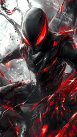 Cybernetic assassin emerges in shards of red energy.