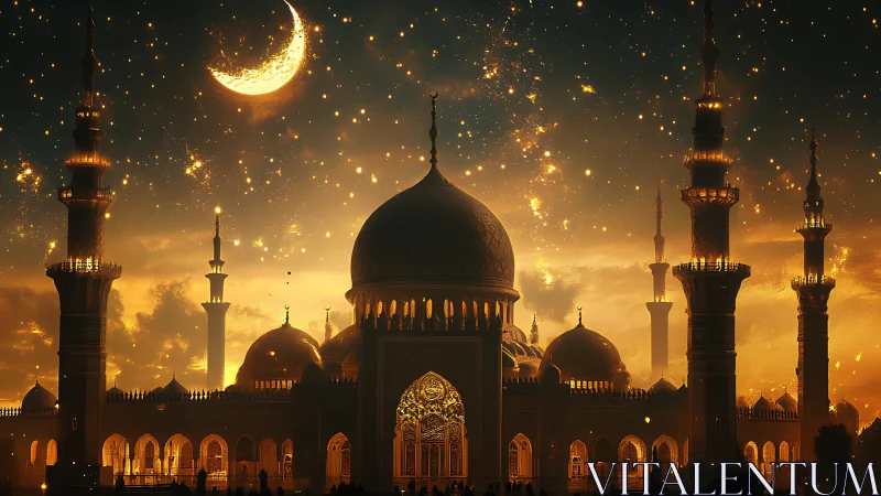 Golden night sky over grand mosque with glowing crescent