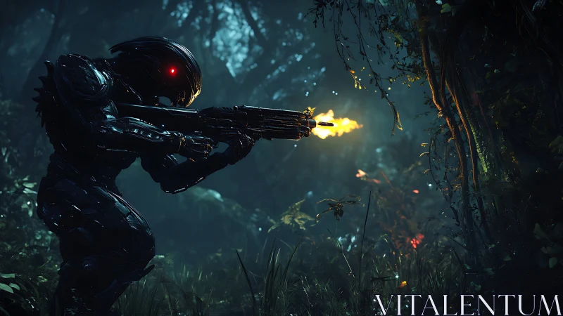 Armored humanoid robot fires rifle in dense night jungle