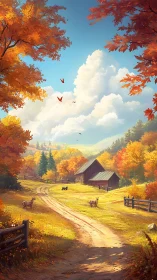 Sunny autumn farm road with barn, goats and trees.