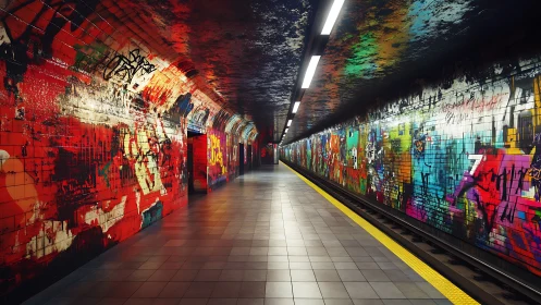 Subway platform corridor with dense multicolor graffiti walls.