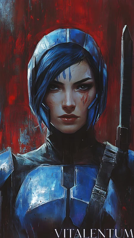 Battle-hardened sci-fi warrior stands in crimson haze.