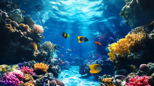 Sunlit coral metropolis hums while tropical fish glide by