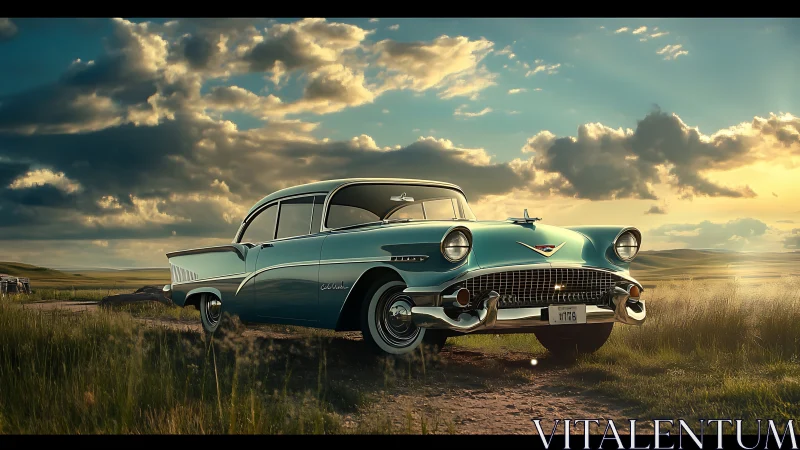 Classic turquoise sedan parked on rural dirt road at sunset.