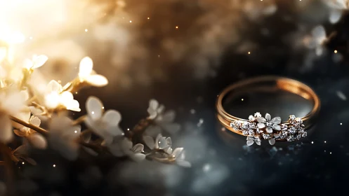 Gold floral ring with clustered diamonds on dark surface.