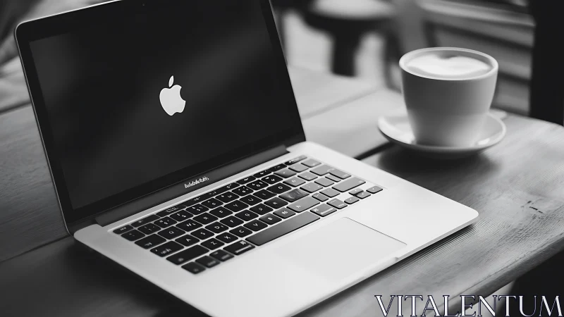 Open MacBook Air on wooden table with cup, shallow depth captured