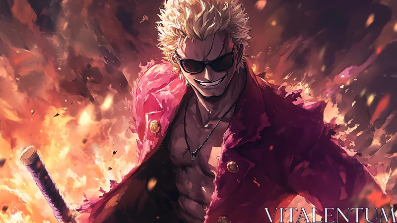 Stylized anime swordsman in red coat amid fiery background.