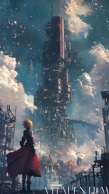 Lone warrior surveys towering cyberpunk megastructure skyline.