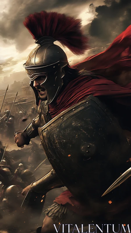 Roman warrior surges through smoky battlefield skies.