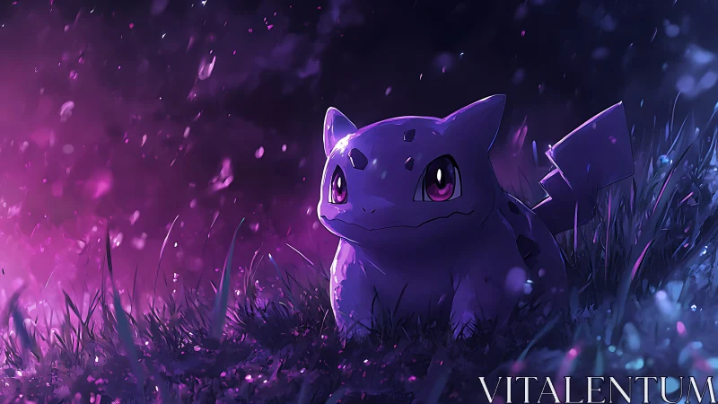 Purple creature in glowing night grass under soft sparks.