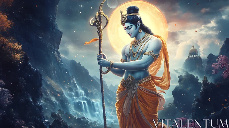 Divine blue deity holds trident before radiant mountain sun